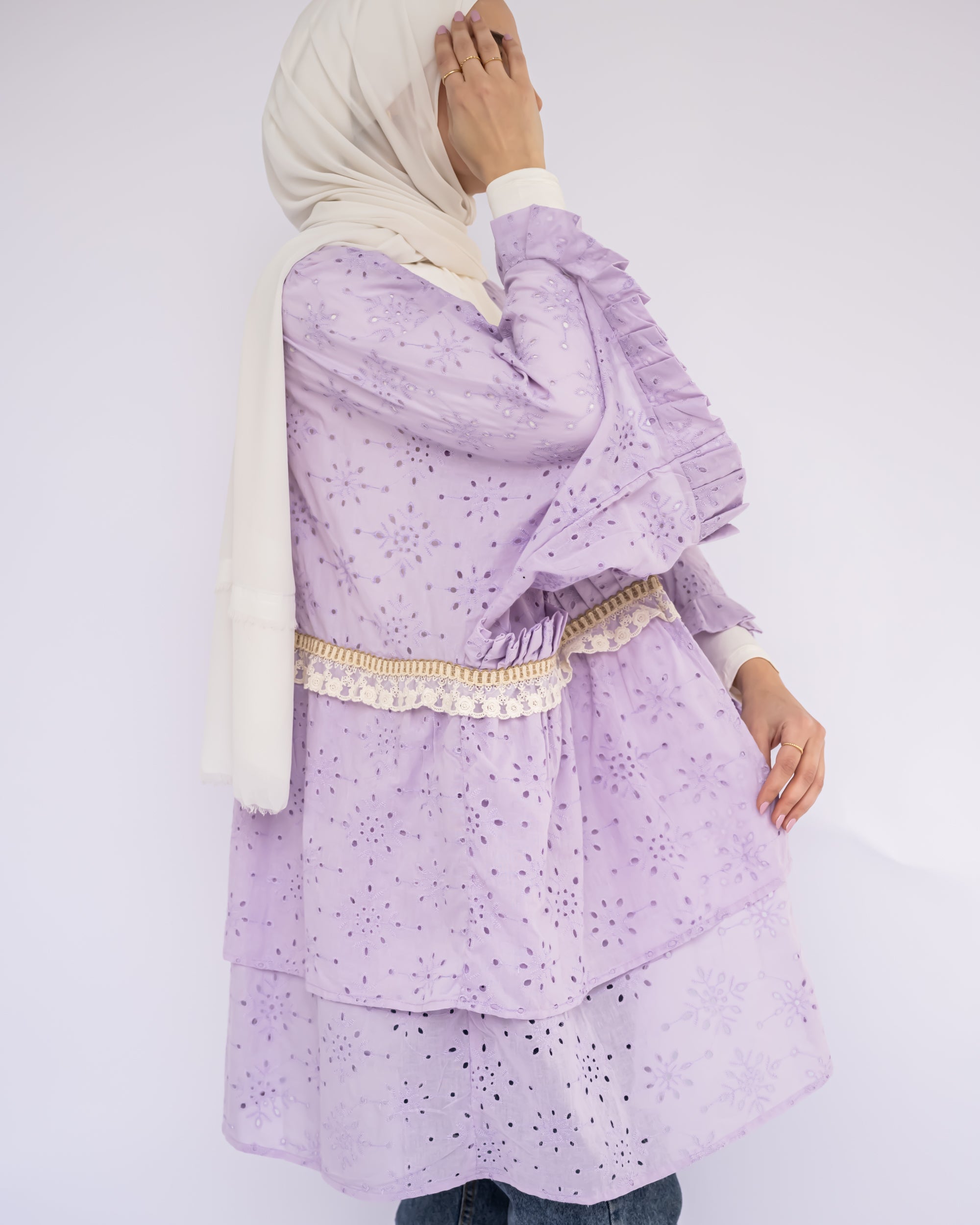 Mini Flair Kaftan Dress in premium Flory cotton, a free-size silhouette available in baby blue, blue, olive, or purple—versatile and comfortable for Ramadan and everyday wear