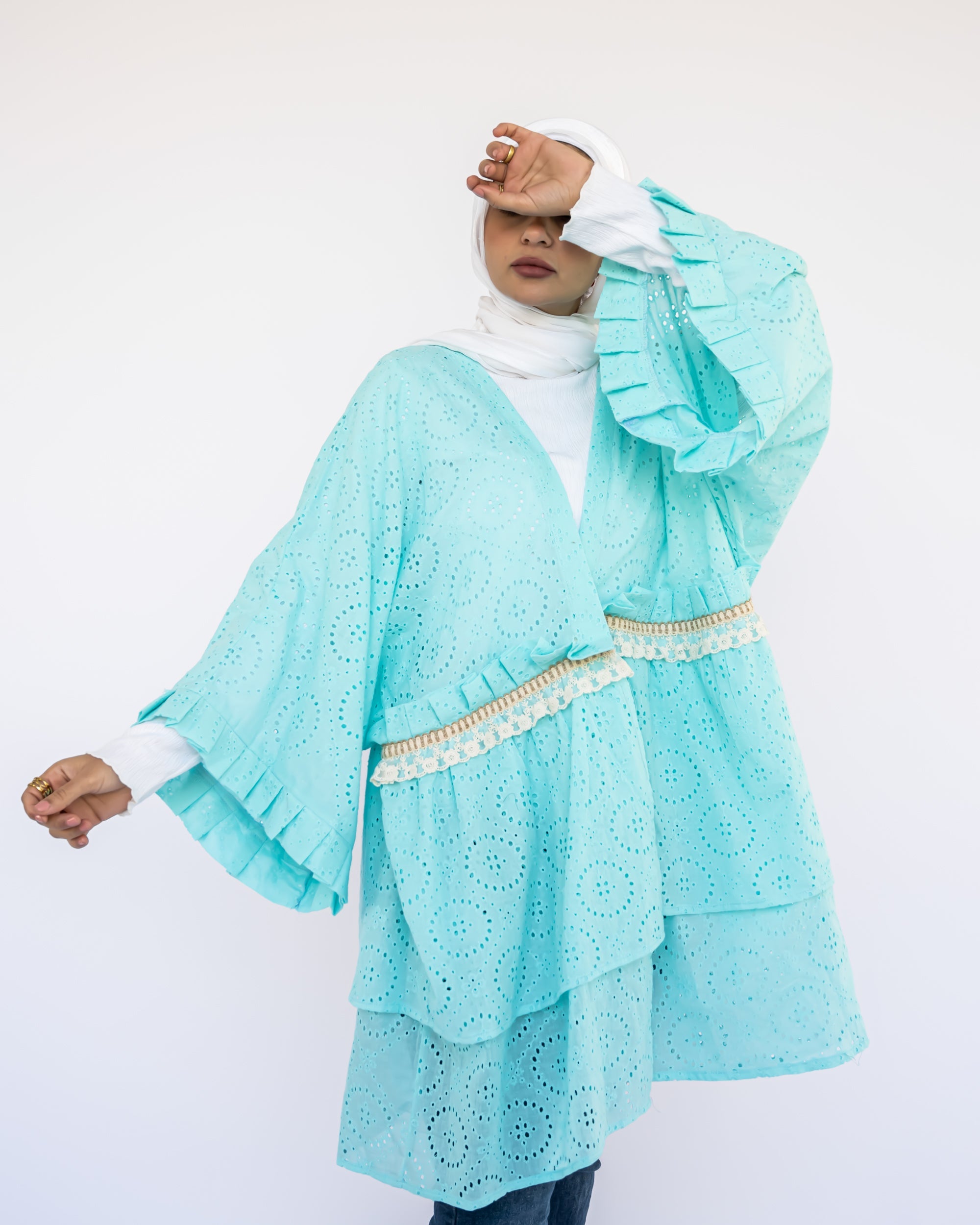 Mini Flair Kaftan Dress in premium Flory cotton, a free-size silhouette available in baby blue, blue, olive, or purple—versatile and comfortable for Ramadan and everyday wear