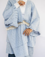 Mini Flair Kaftan Dress in premium Flory cotton, a free-size silhouette available in baby blue, blue, olive, or purple—versatile and comfortable for Ramadan and everyday wear