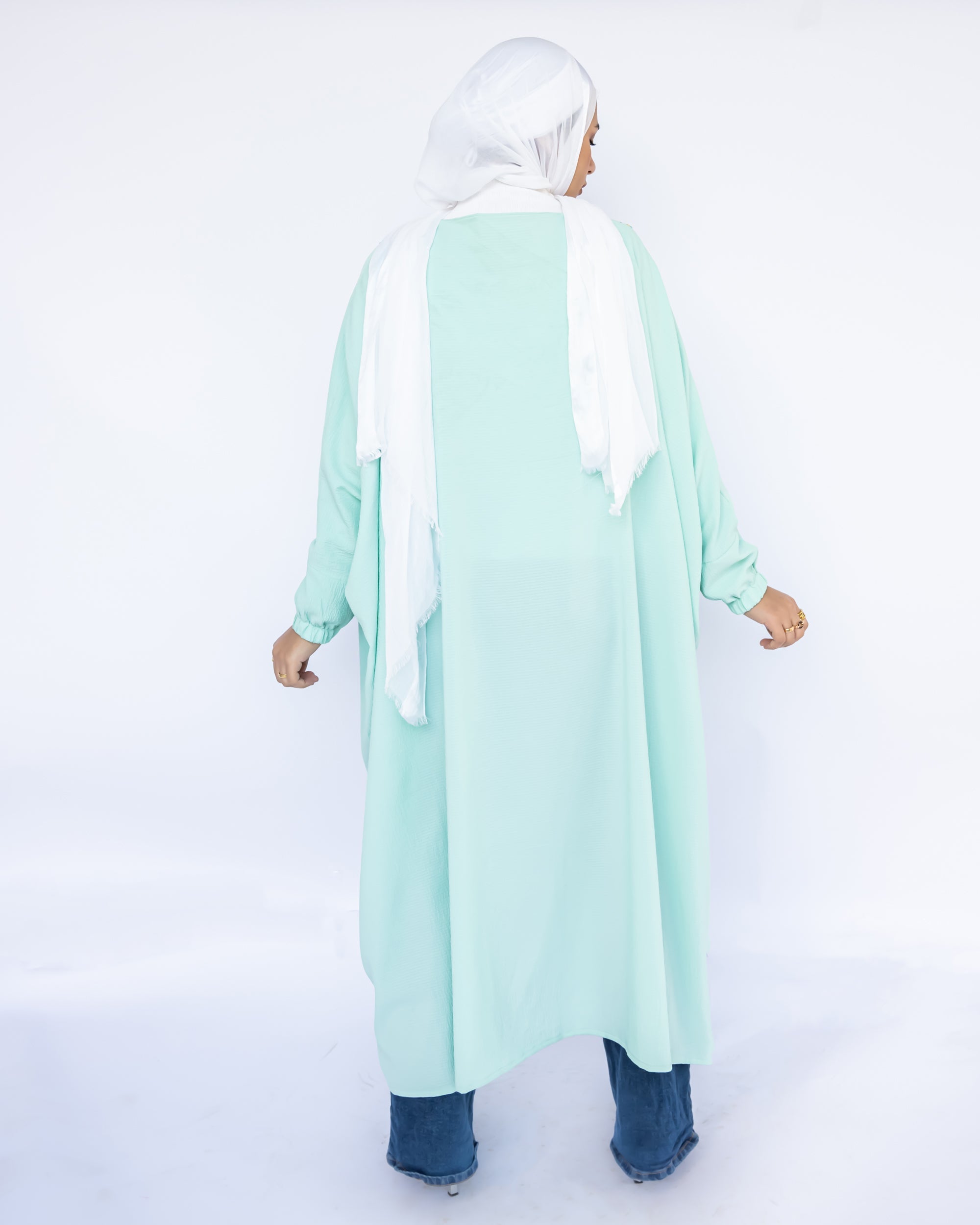 Mini Flair Kaftan Dress in premium Flory cotton, a free-size silhouette available in baby blue, blue, olive, or purple—versatile and comfortable for Ramadan and everyday wear
