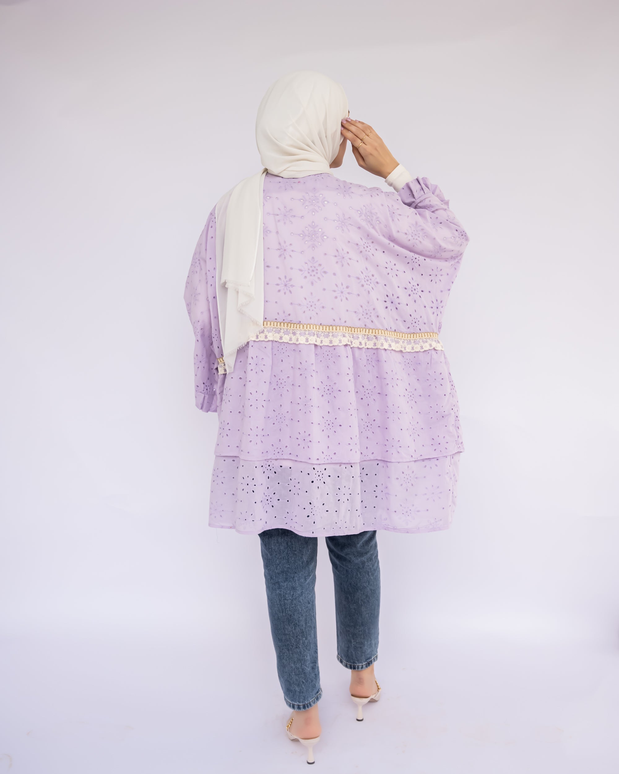 Mini Flair Kaftan Dress in premium Flory cotton, a free-size silhouette available in baby blue, blue, olive, or purple—versatile and comfortable for Ramadan and everyday wear