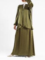 Modest Satin Set in soft satin fabric, available in black, beige, pink, olive, and baby blue—elegant and lightweight for summer modest wear