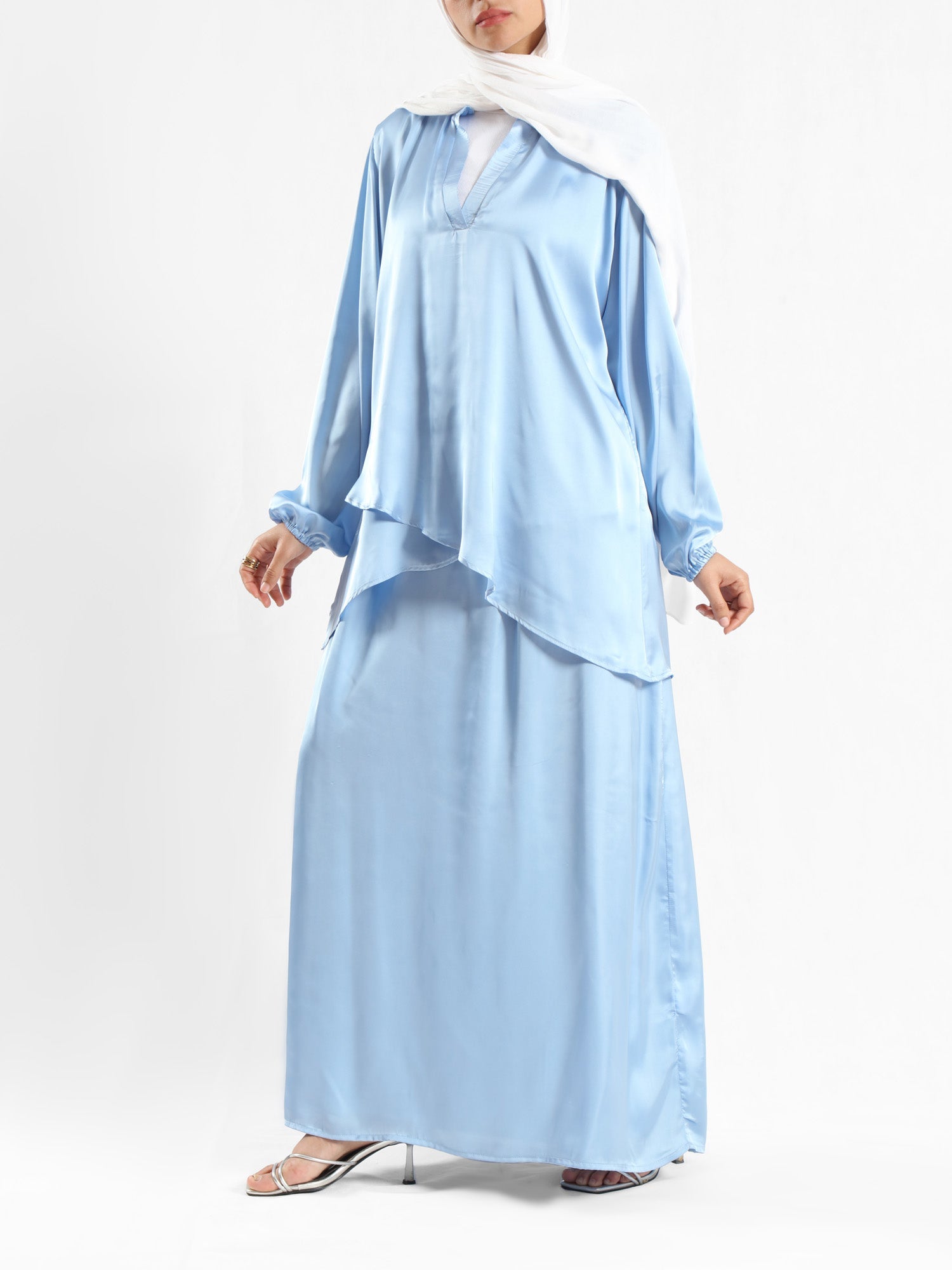 Modest Satin Set in soft satin fabric, available in black, beige, pink, olive, and baby blue—elegant and lightweight for summer modest wear