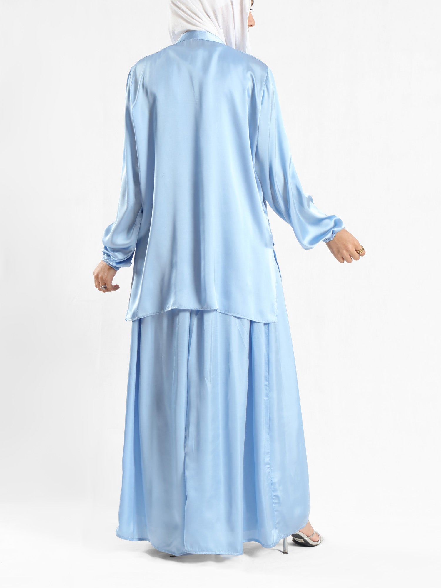 Modest Satin Set in soft satin fabric, available in black, beige, pink, olive, and baby blue—elegant and lightweight for summer modest wear