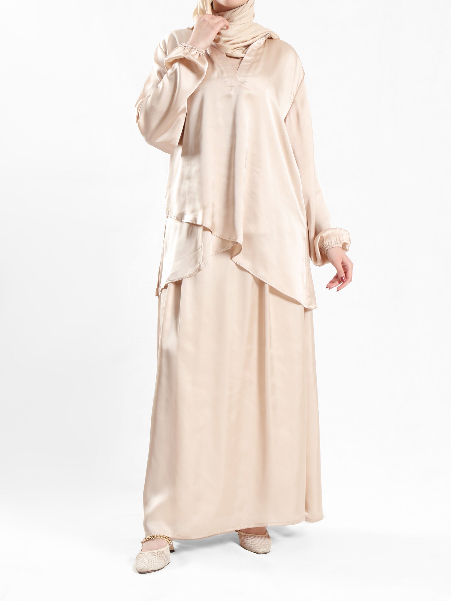 Modest Satin Set in soft satin fabric, available in black, beige, pink, olive, and baby blue—elegant and lightweight for summer modest wear