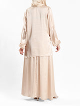 Modest Satin Set in soft satin fabric, available in black, beige, pink, olive, and baby blue—elegant and lightweight for summer modest wear