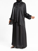 Modest Satin Set in soft satin fabric, available in black, beige, pink, olive, and baby blue—elegant and lightweight for summer modest wear