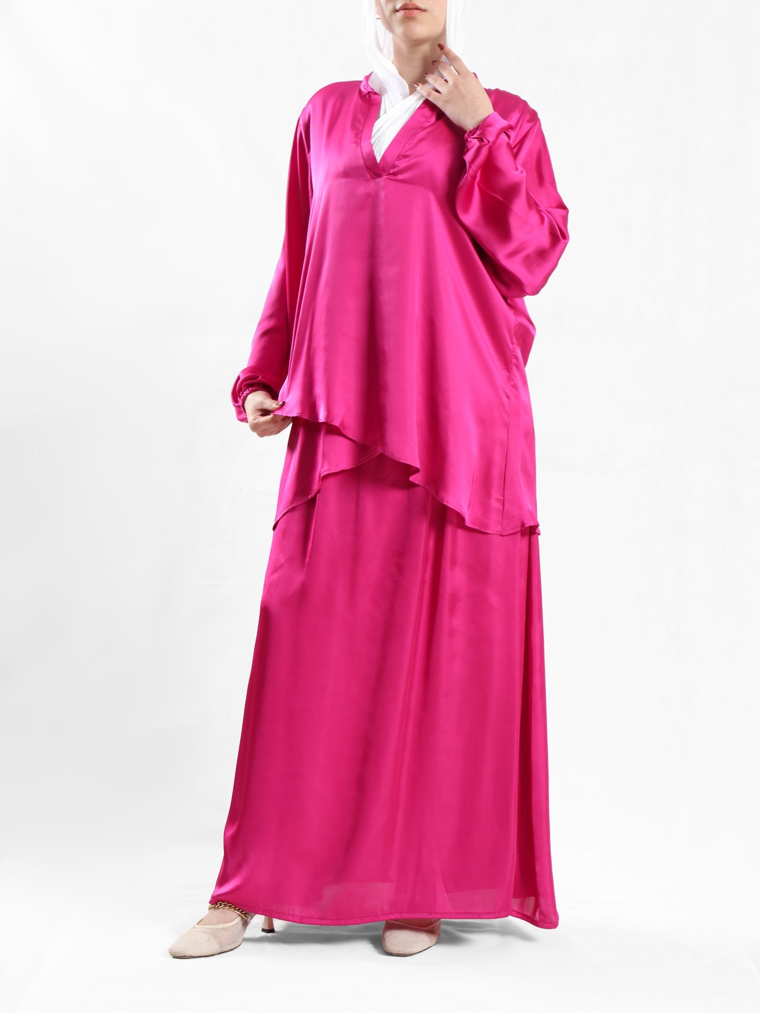 Modest Satin Set in soft satin fabric, available in black, beige, pink, olive, and baby blue—elegant and lightweight for summer modest wear