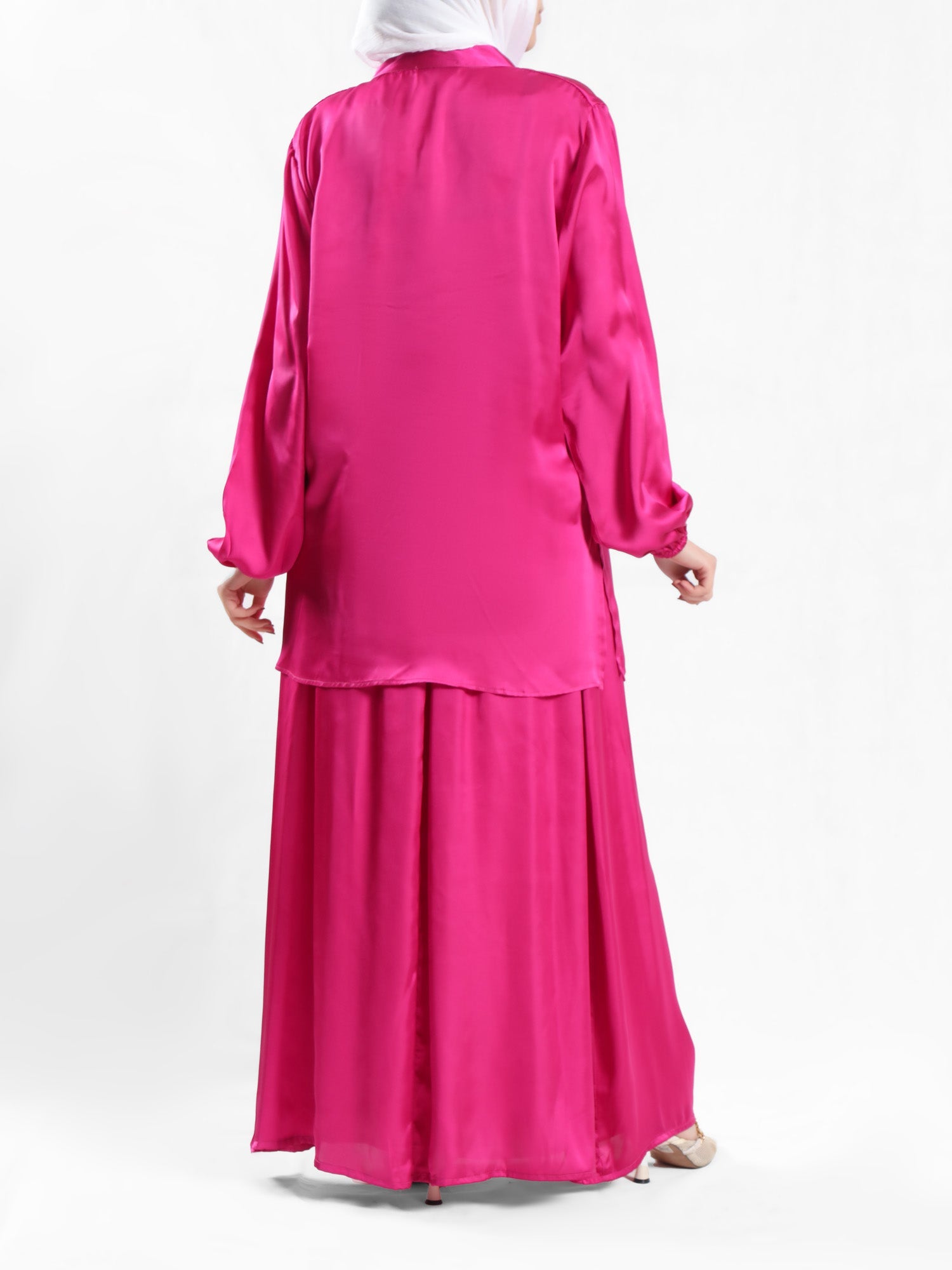 Modest Satin Set in soft satin fabric, available in black, beige, pink, olive, and baby blue—elegant and lightweight for summer modest wear