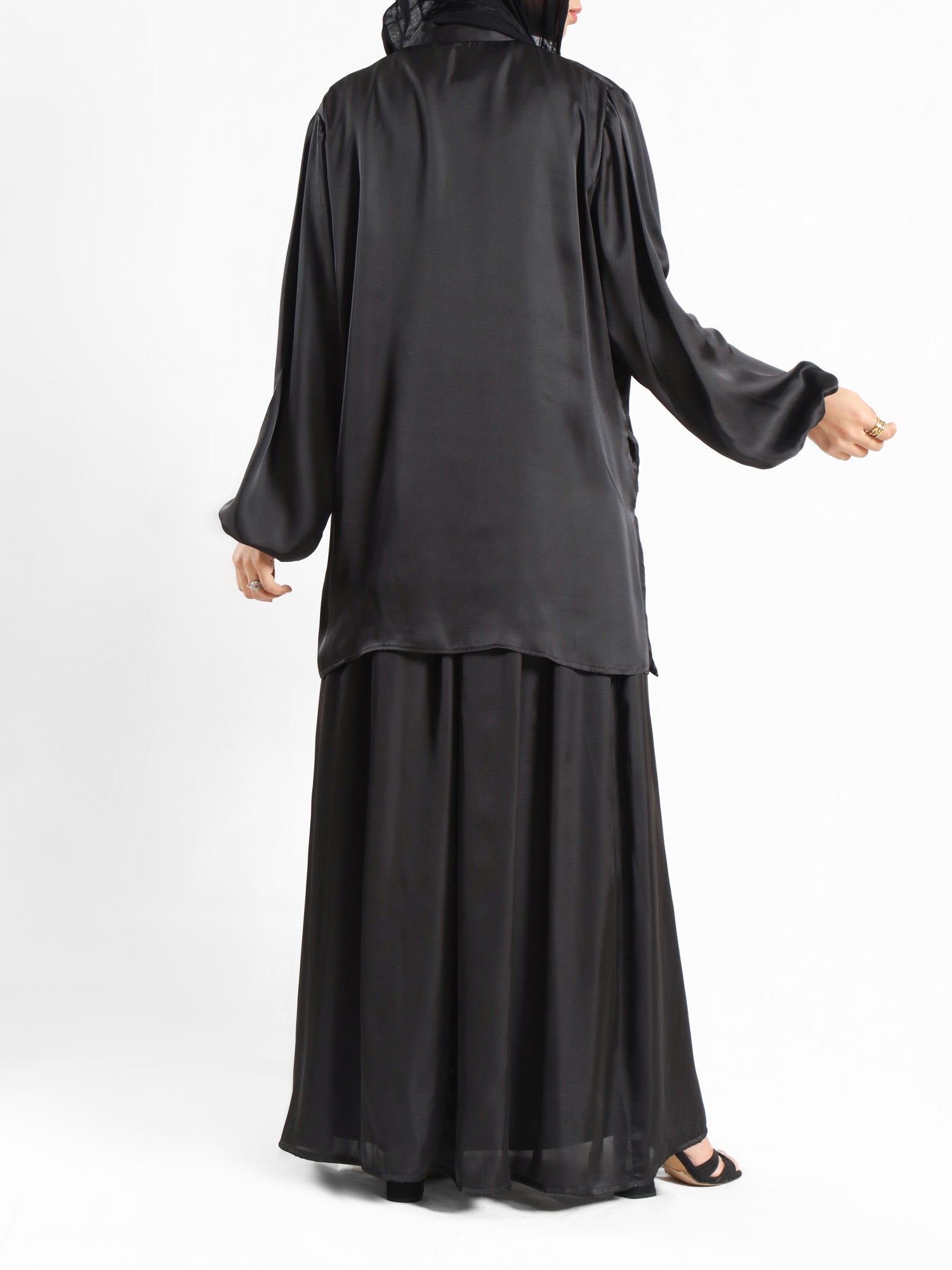 Modest Satin Set in soft satin fabric, available in black, beige, pink, olive, and baby blue—elegant and lightweight for summer modest wear