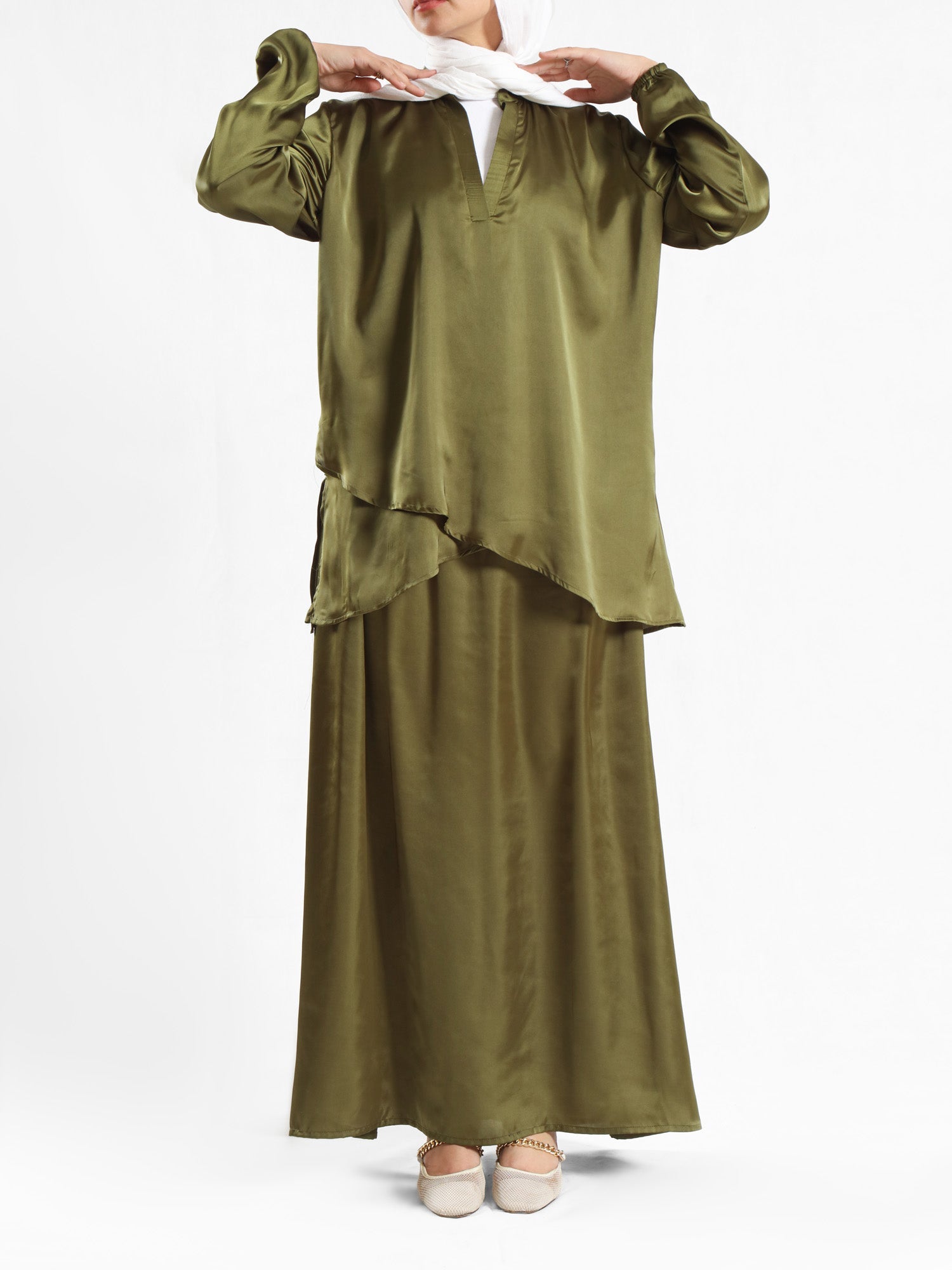 Modest Satin Set in soft satin fabric, available in black, beige, pink, olive, and baby blue—elegant and lightweight for summer modest wear