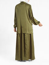Modest Satin Set in soft satin fabric, available in black, beige, pink, olive, and baby blue—elegant and lightweight for summer modest wear