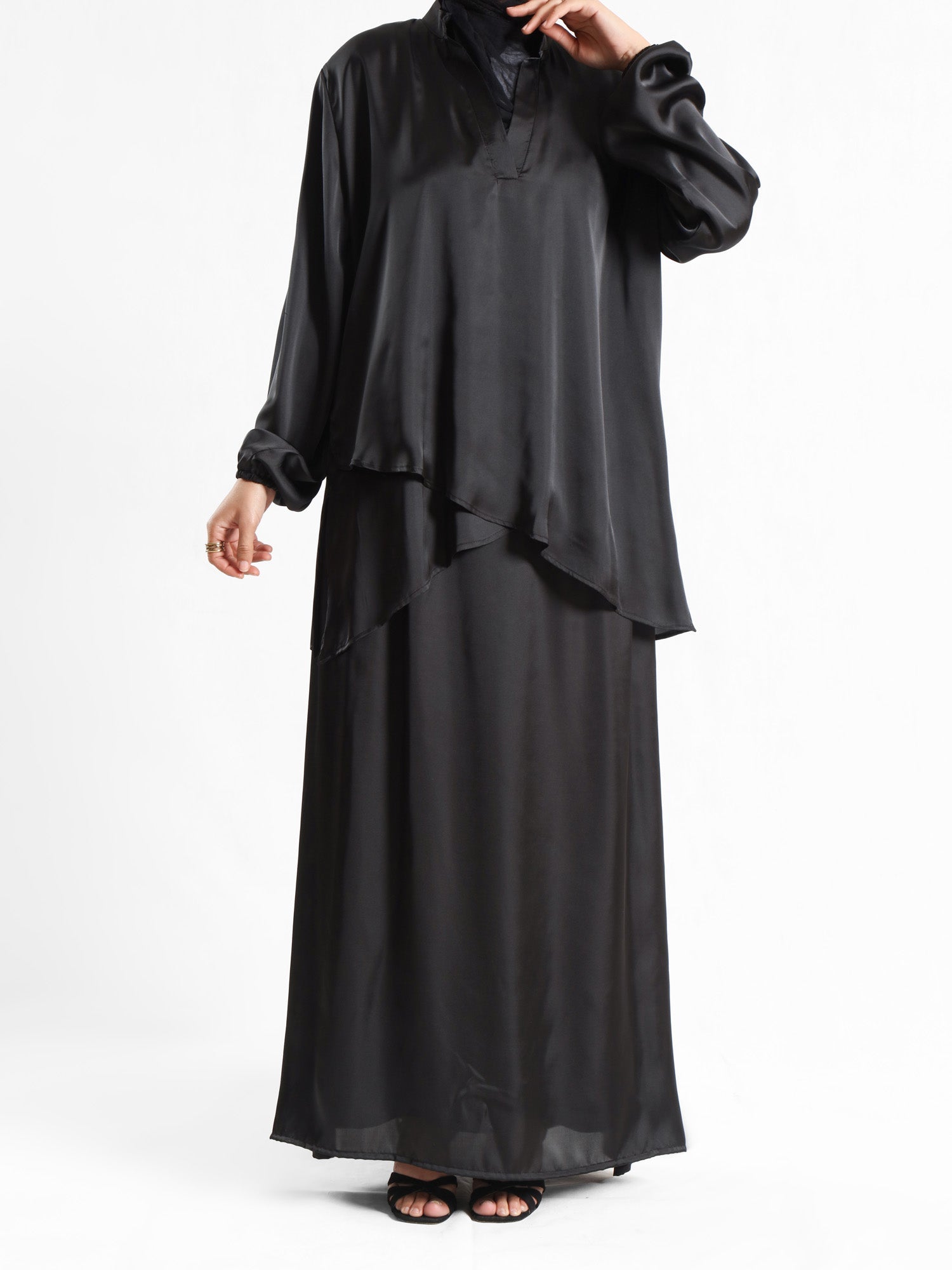 Modest Satin Set in soft satin fabric, available in black, beige, pink, olive, and baby blue—elegant and lightweight for summer modest wear