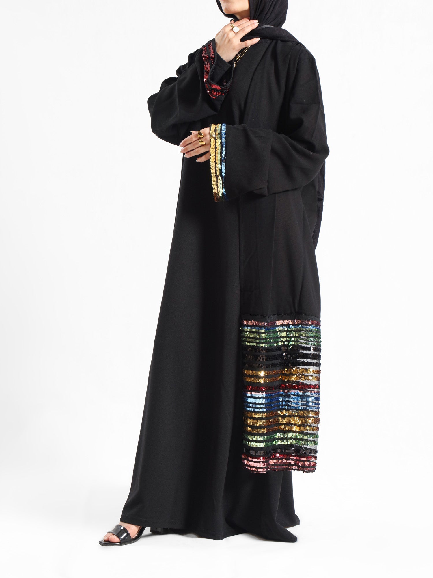 Moonlight Mirage Kaftan in royal crepe with half embroidery, blending shimmer and softness for elegant Eid and summer evening wear