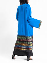 Moonlight Mirage Kaftan in royal crepe with half embroidery, blending shimmer and softness for elegant Eid and summer evening wear