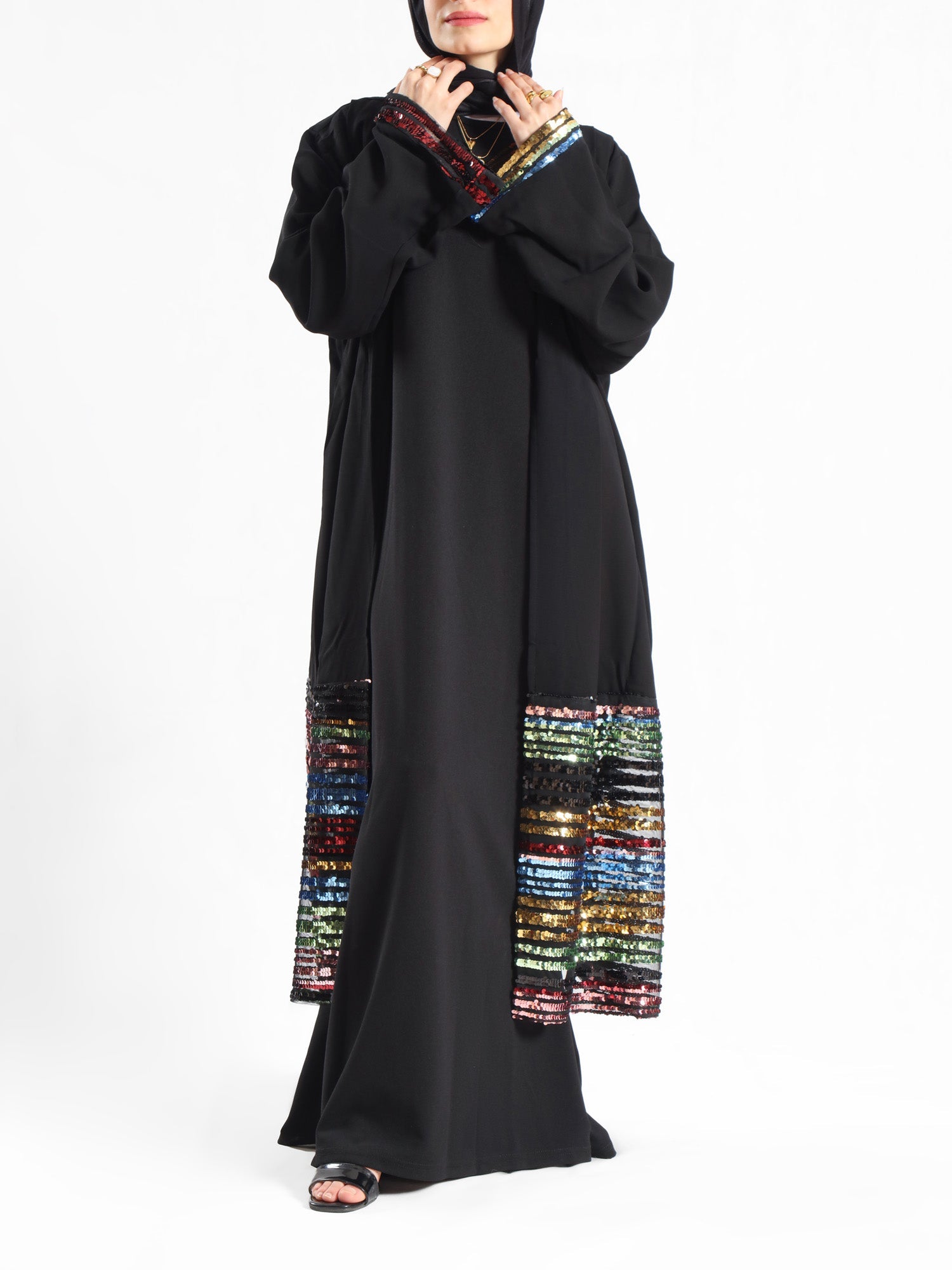 Moonlight Mirage Kaftan in royal crepe with half embroidery, blending shimmer and softness for elegant Eid and summer evening wear