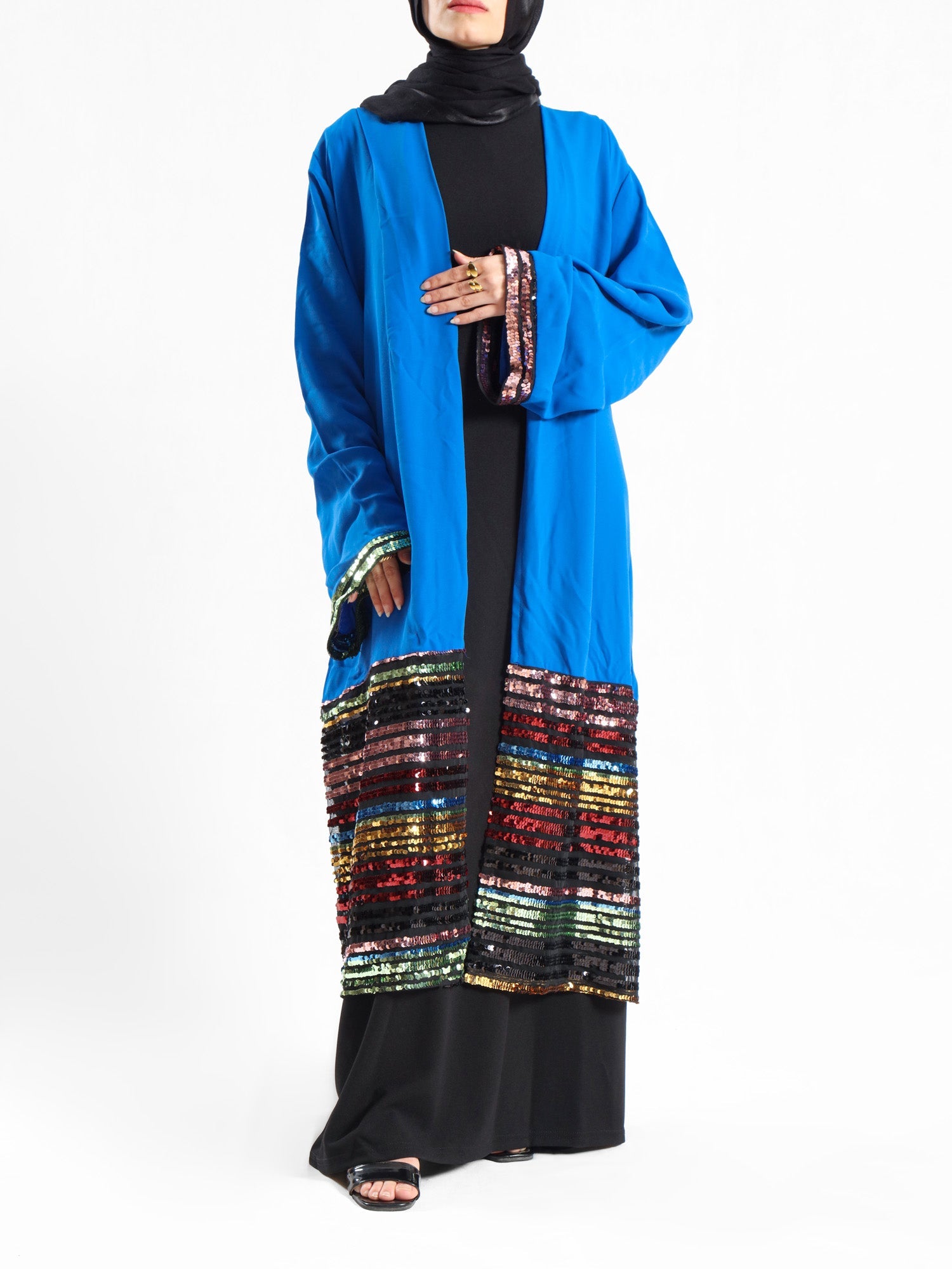 Moonlight Mirage Kaftan in royal crepe with half embroidery, blending shimmer and softness for elegant Eid and summer evening wear