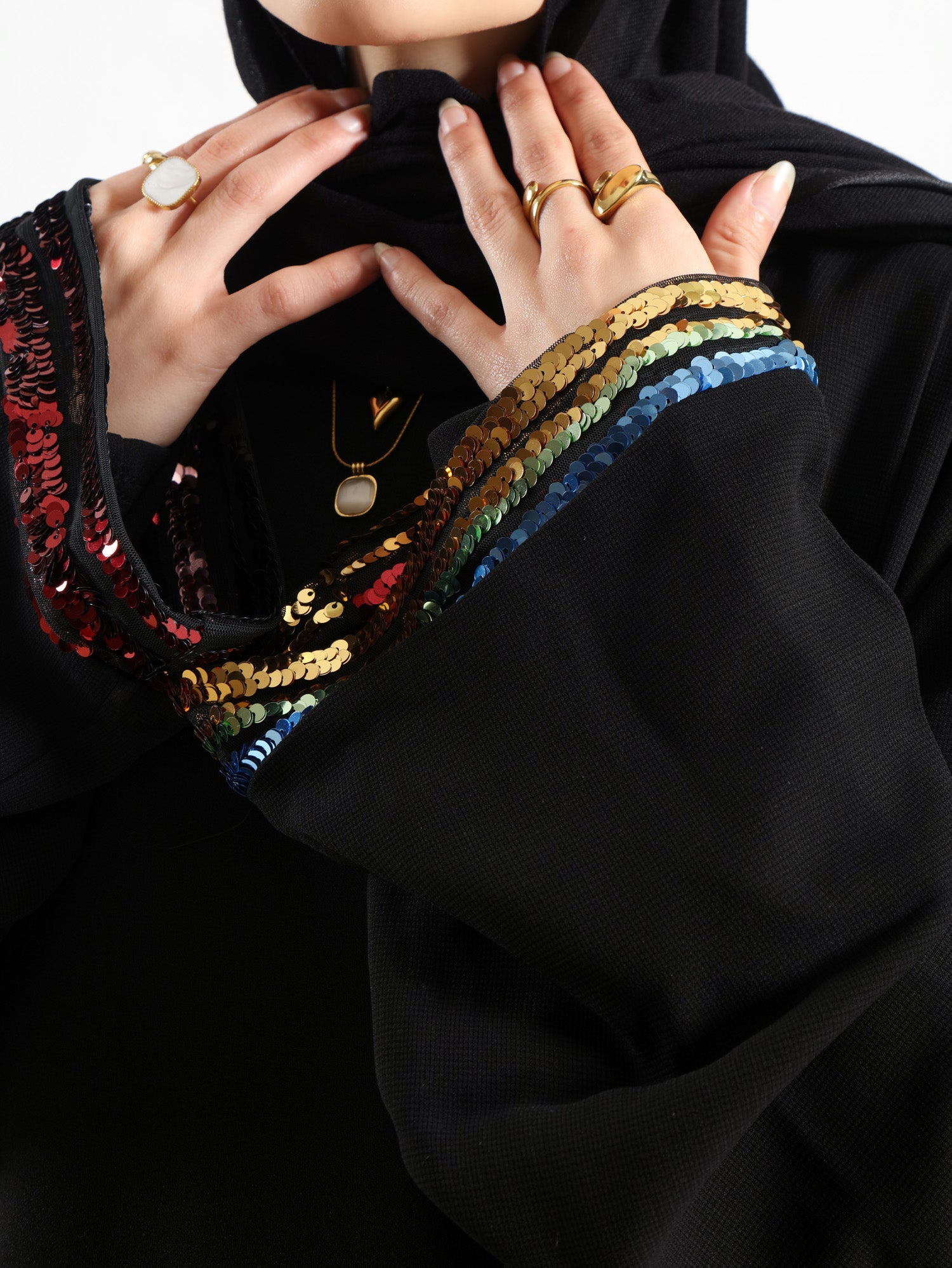 Moonlight Mirage Kaftan in royal crepe with half embroidery, blending shimmer and softness for elegant Eid and summer evening wear