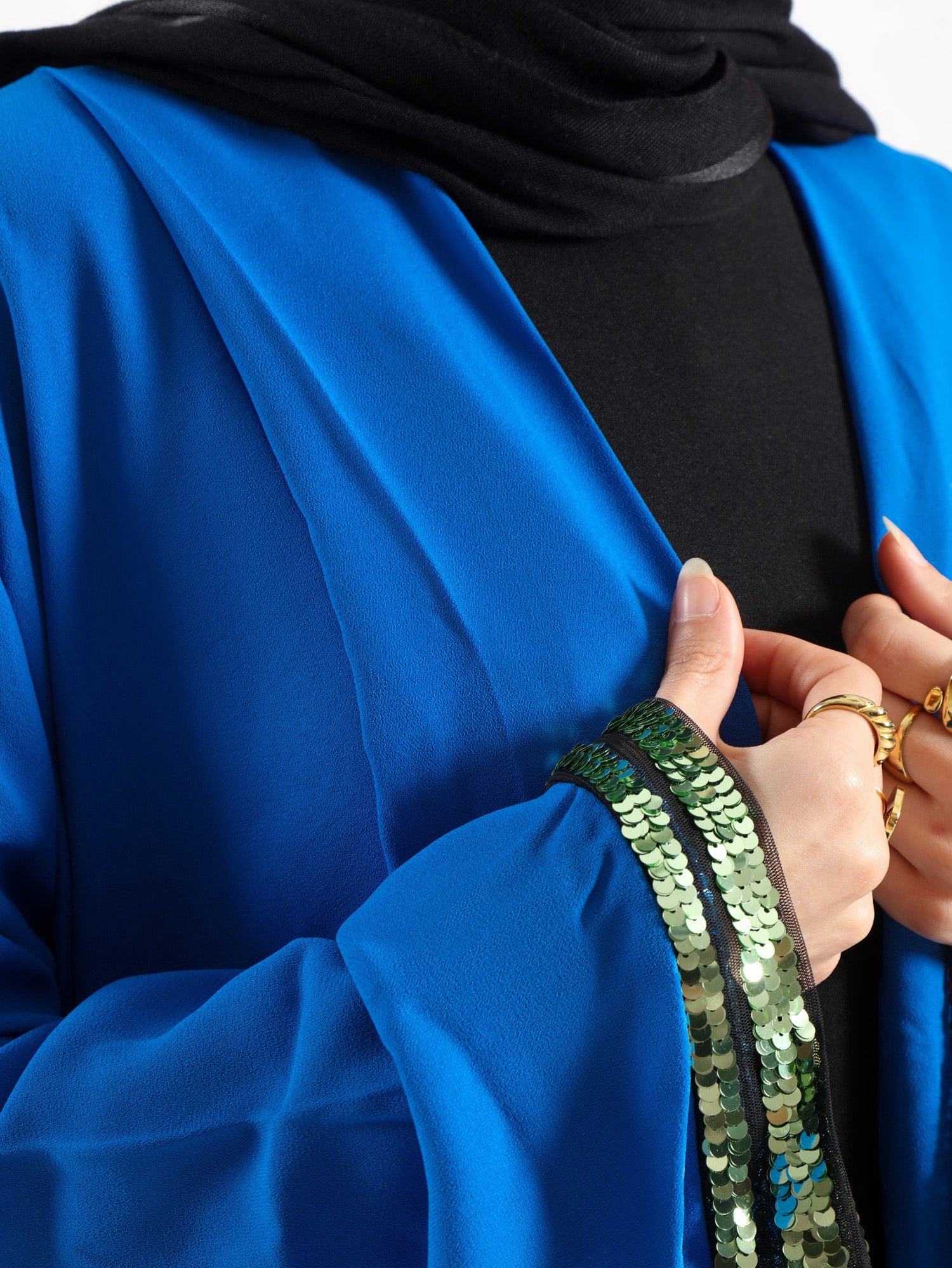 Moonlight Mirage Kaftan in royal crepe with half embroidery, blending shimmer and softness for elegant Eid and summer evening wear