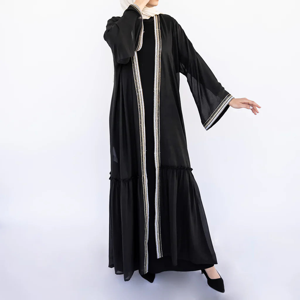 Moroccan Moonlight Kaftan in shimmering chiffon-polyester blend, with a flowing silhouette for graceful, versatile modest wear