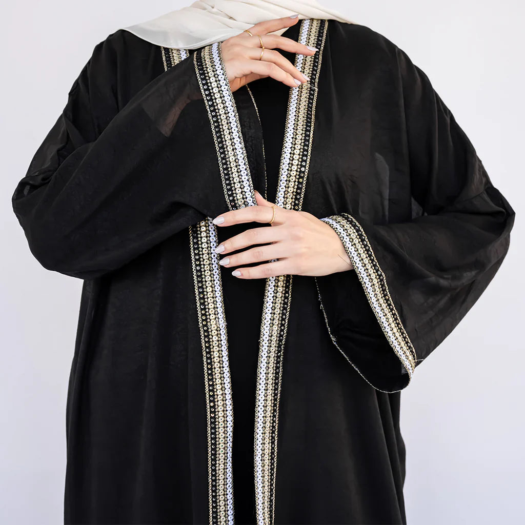 Moroccan Moonlight Kaftan in shimmering chiffon-polyester blend, with a flowing silhouette for graceful, versatile modest wear