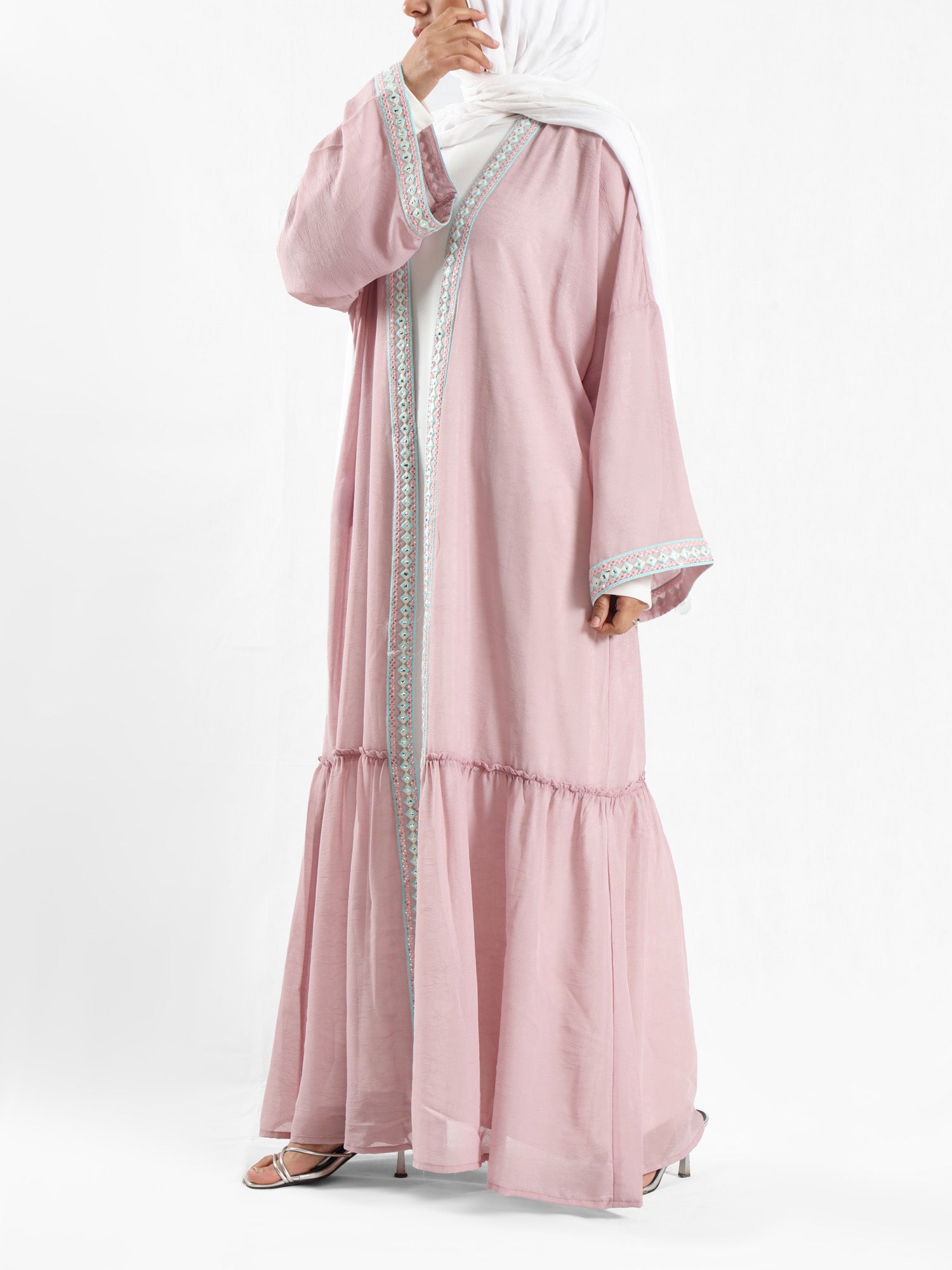 Moroccan Moonlight Kaftan in shimmering chiffon-polyester blend, with a flowing silhouette for graceful, versatile modest wear