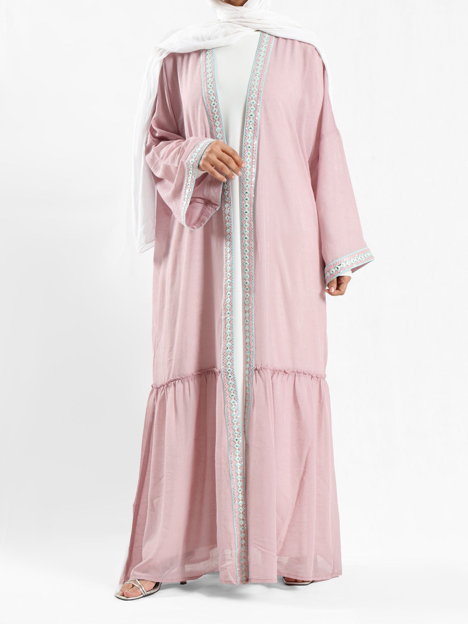 Moroccan Moonlight Kaftan in shimmering chiffon-polyester blend, with a flowing silhouette for graceful, versatile modest wear