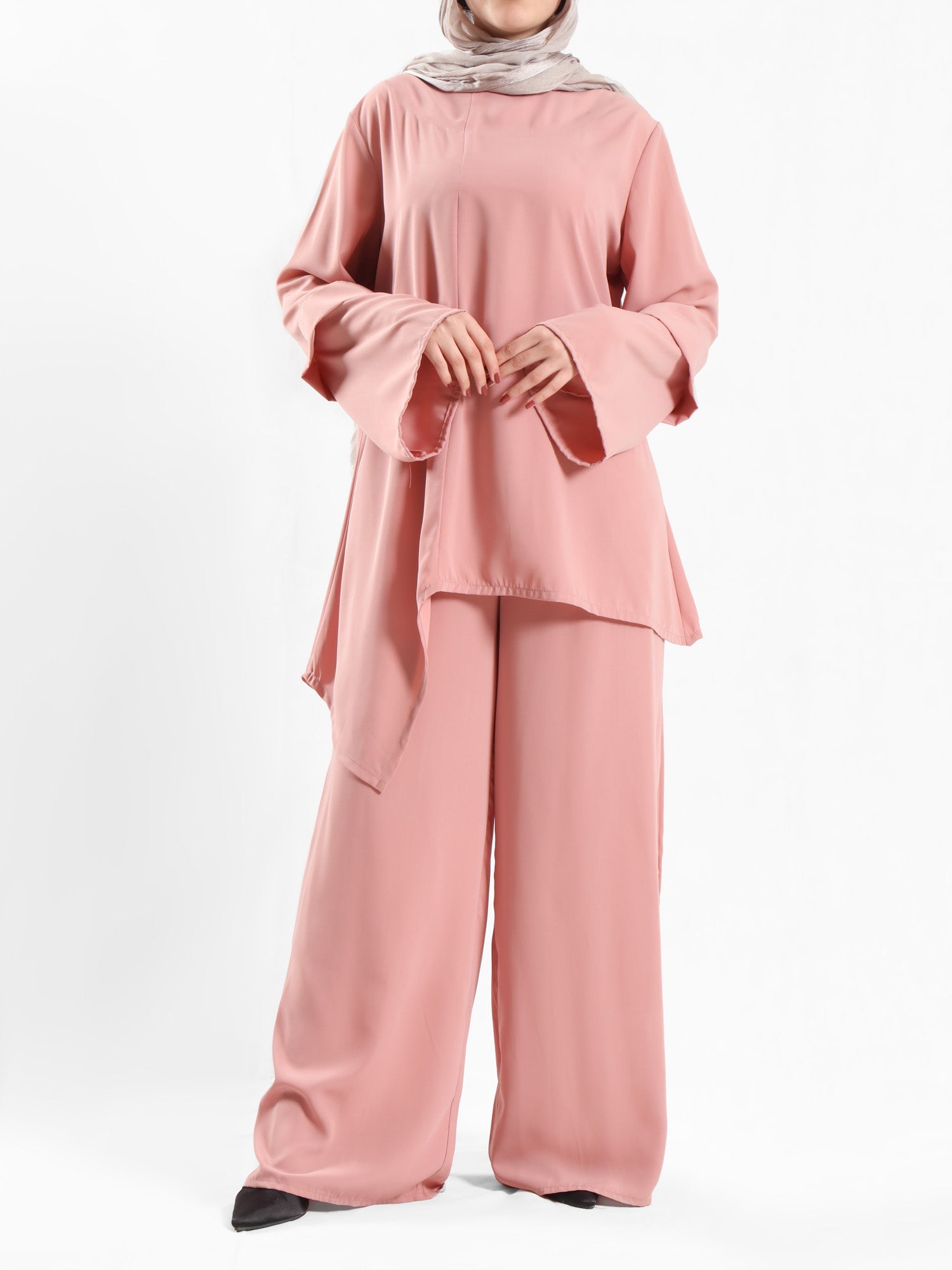 New Dawn Breeze Set in royal crepe blend with wide-leg pants, a lightweight and chic modest outfit for Eid or casual summer wear