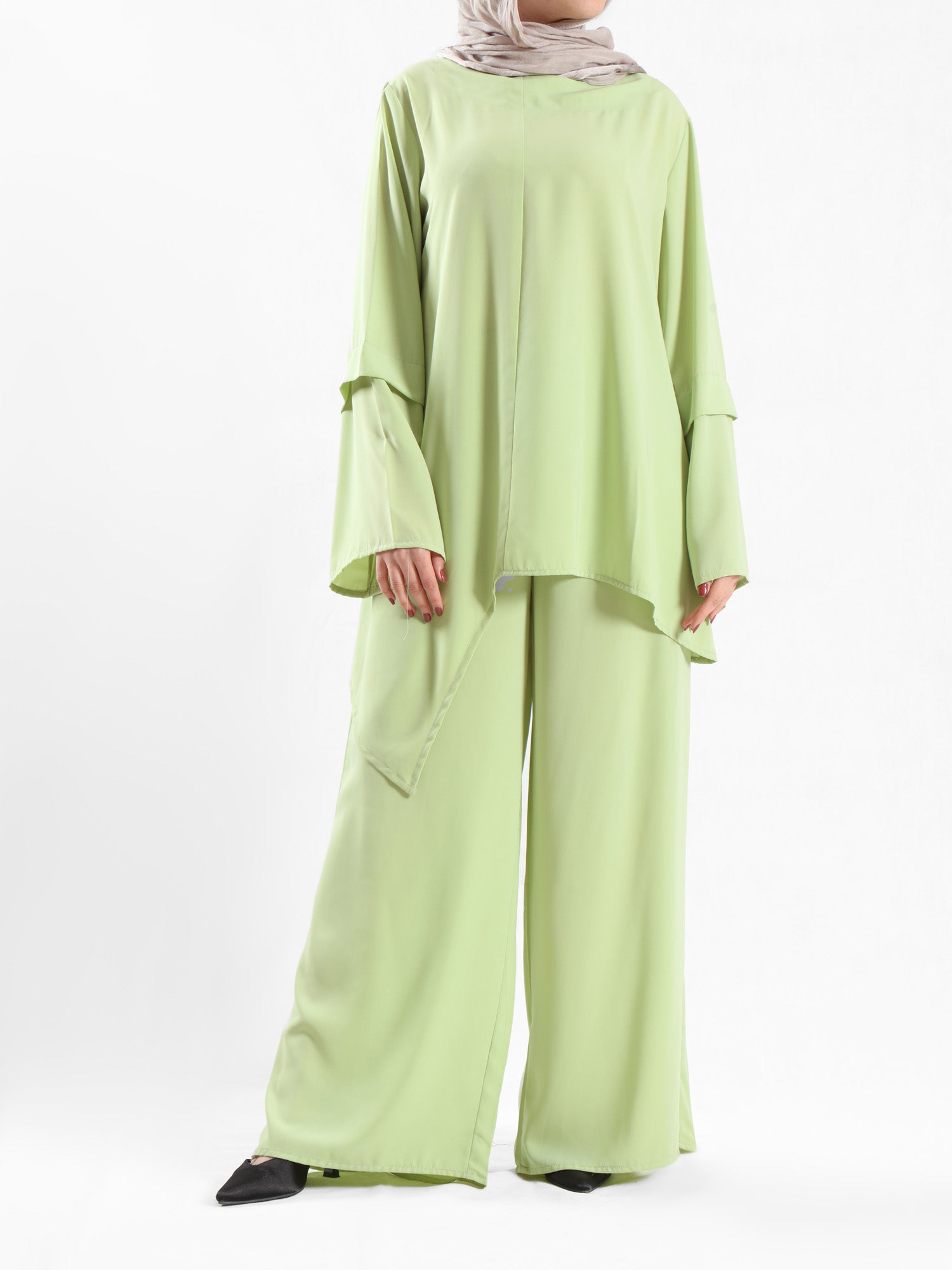 New Dawn Breeze Set in royal crepe blend with wide-leg pants, a lightweight and chic modest outfit for Eid or casual summer wear
