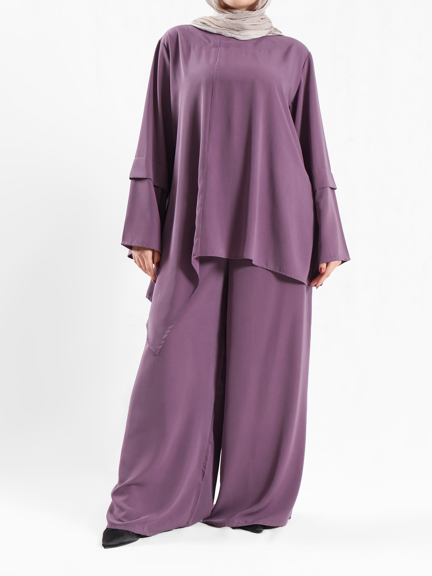 New Dawn Breeze Set in royal crepe blend with wide-leg pants, a lightweight and chic modest outfit for Eid or casual summer wear