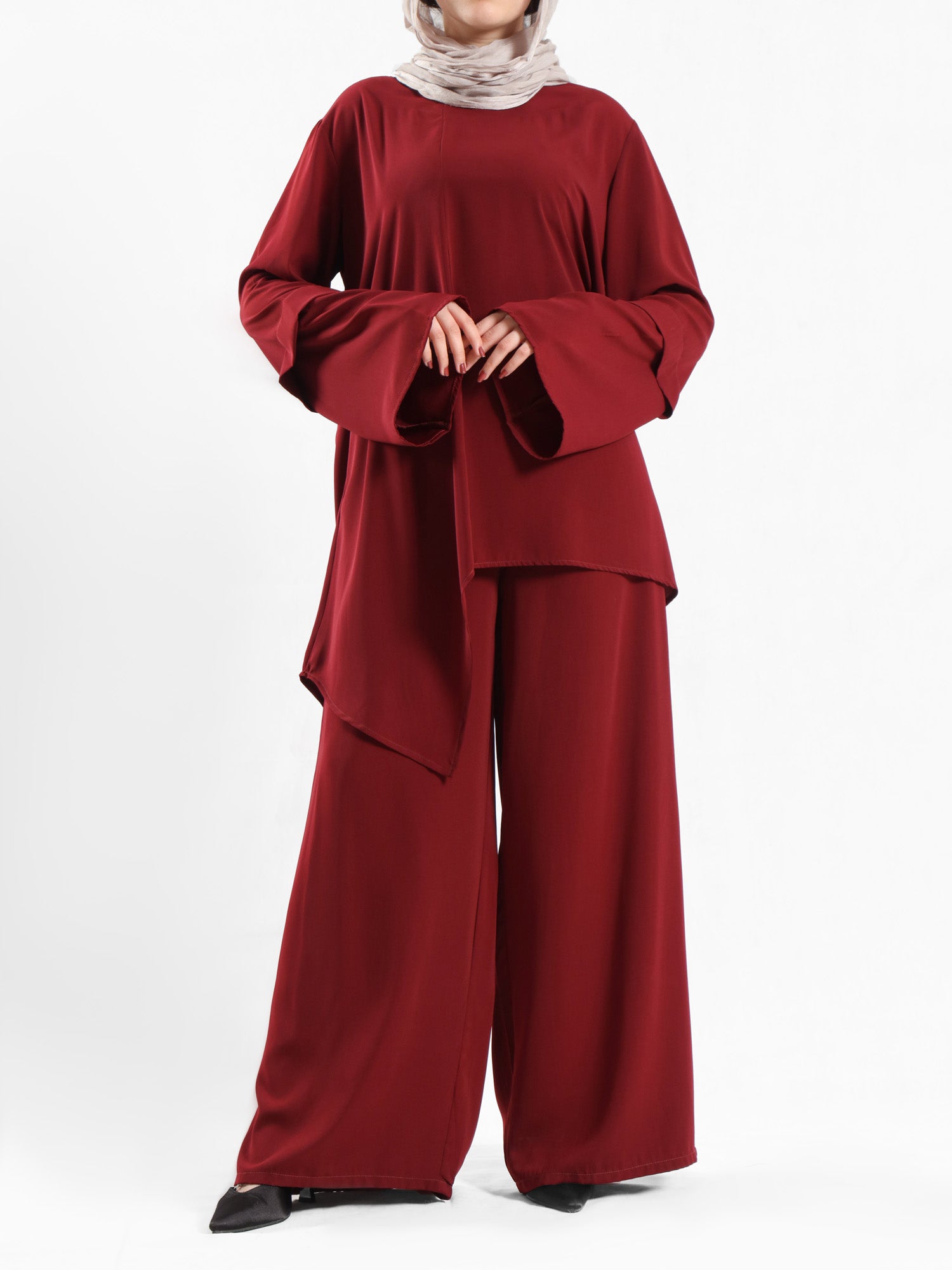 New Dawn Breeze Set in royal crepe blend with wide-leg pants, a lightweight and chic modest outfit for Eid or casual summer wear