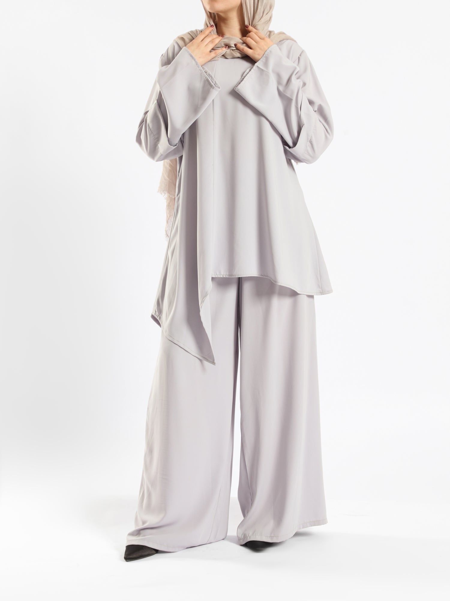 New Dawn Breeze Set in royal crepe blend with wide-leg pants, a lightweight and chic modest outfit for Eid or casual summer wear