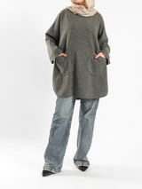 Oversized Pocketed Sweater in dark green, orange, gray, or green—relaxed fit with front pockets for bold winter layering