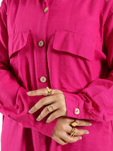 Petal Pocket Blouse in linen blend with front pockets, a relaxed-fit modest top in baby blue, mauve, or white for summer wear