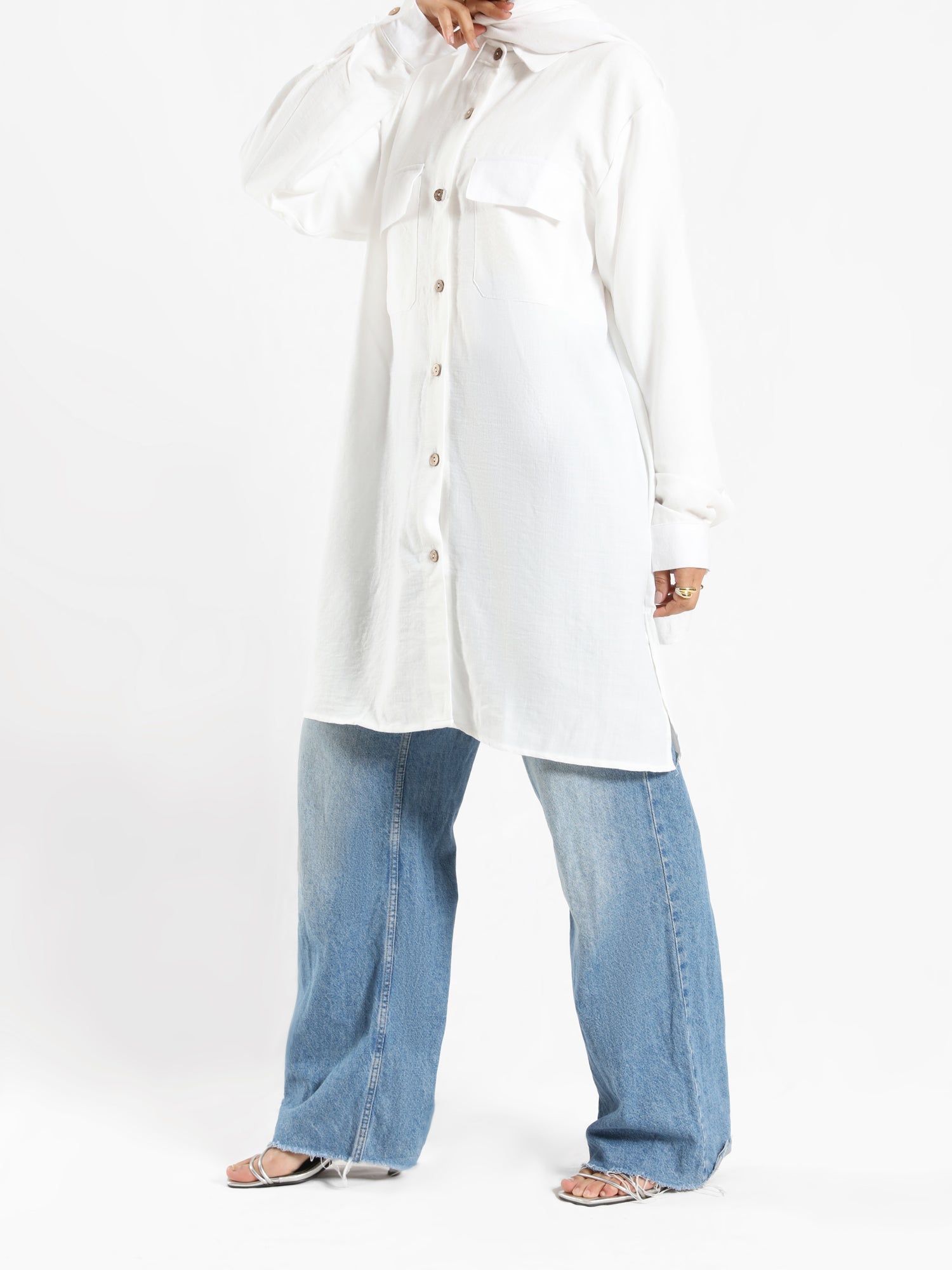 Petal Pocket Blouse in linen blend with front pockets, a relaxed-fit modest top in baby blue, mauve, or white for summer wear