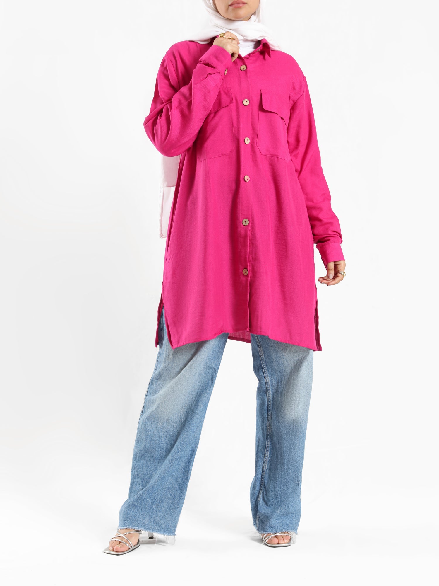 Petal Pocket Blouse in linen blend with front pockets, a relaxed-fit modest top in baby blue, mauve, or white for summer wear