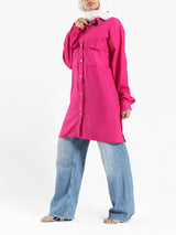 Petal Pocket Blouse in linen blend with front pockets, a relaxed-fit modest top in baby blue, mauve, or white for summer wear