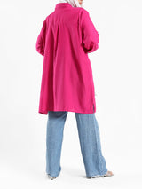 Petal Pocket Blouse in linen blend with front pockets, a relaxed-fit modest top in baby blue, mauve, or white for summer wear