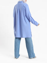 Petal Pocket Blouse in linen blend with front pockets, a relaxed-fit modest top in baby blue, mauve, or white for summer wear