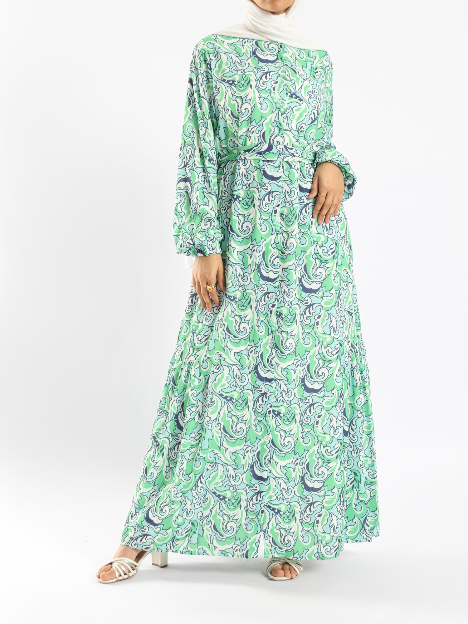 Prismatic Bloom Dress in crepe chiffon with colorful summer print, a vibrant modest shirt dress ideal for seasonal occasions