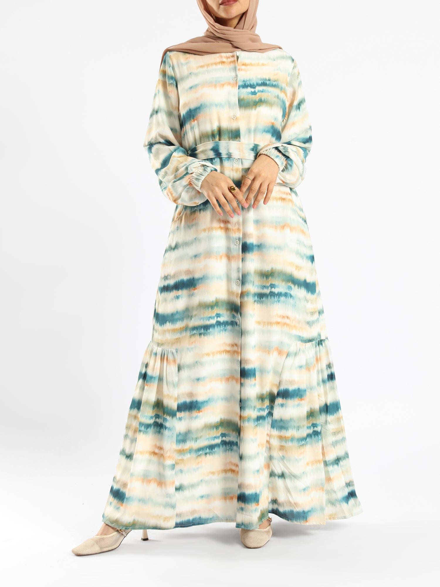 Prismatic Bloom Dress in crepe chiffon with colorful summer print, a vibrant modest shirt dress ideal for seasonal occasions