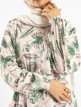 Prismatic Bloom Dress in crepe chiffon with colorful summer print, a vibrant modest shirt dress ideal for seasonal occasions