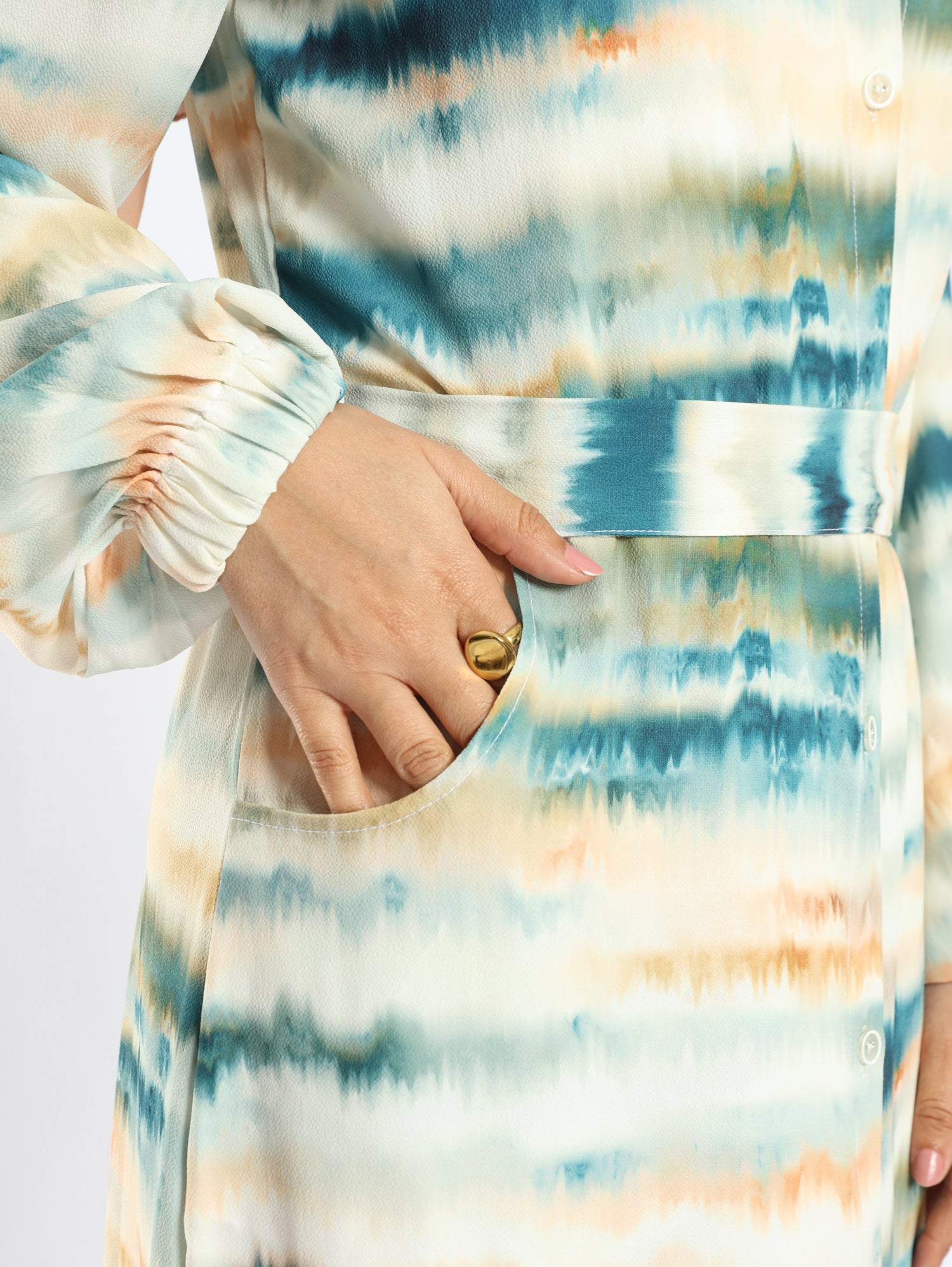 Prismatic Bloom Dress in crepe chiffon with colorful summer print, a vibrant modest shirt dress ideal for seasonal occasions