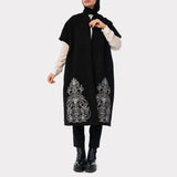 Royal Embroidered Wool Poncho in soft wool with ornate detailing and flowing silhouette—modest winter elegance in black or grey