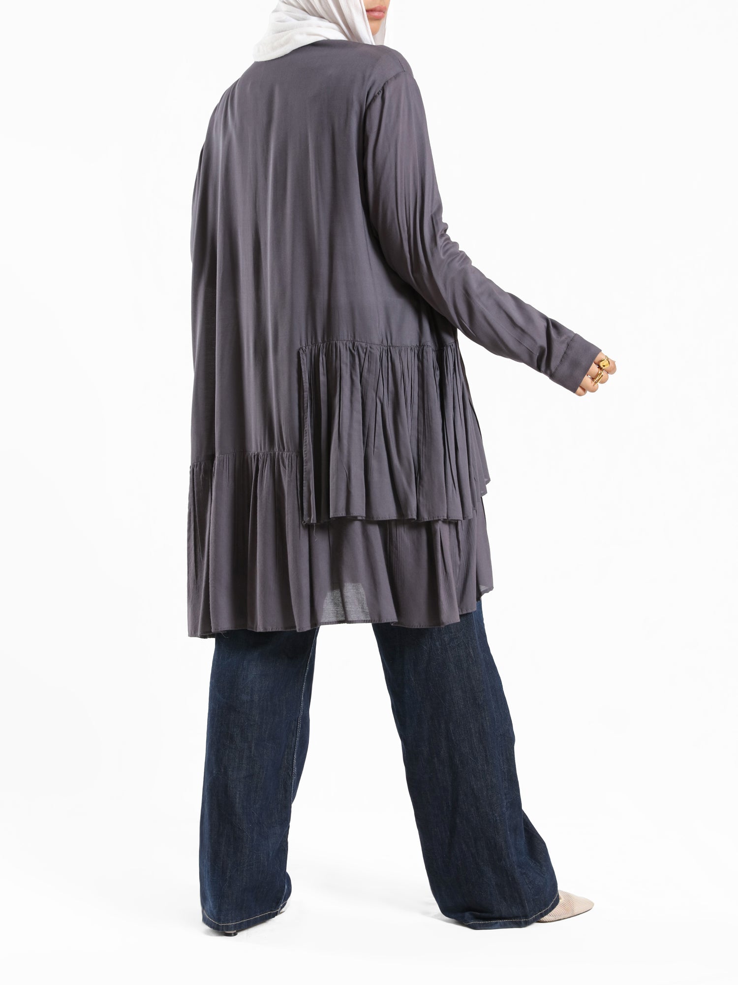 Ruffle Shirt in soft, breathable fabric with delicate frill accents, available in serene summer tones for a feminine modest look