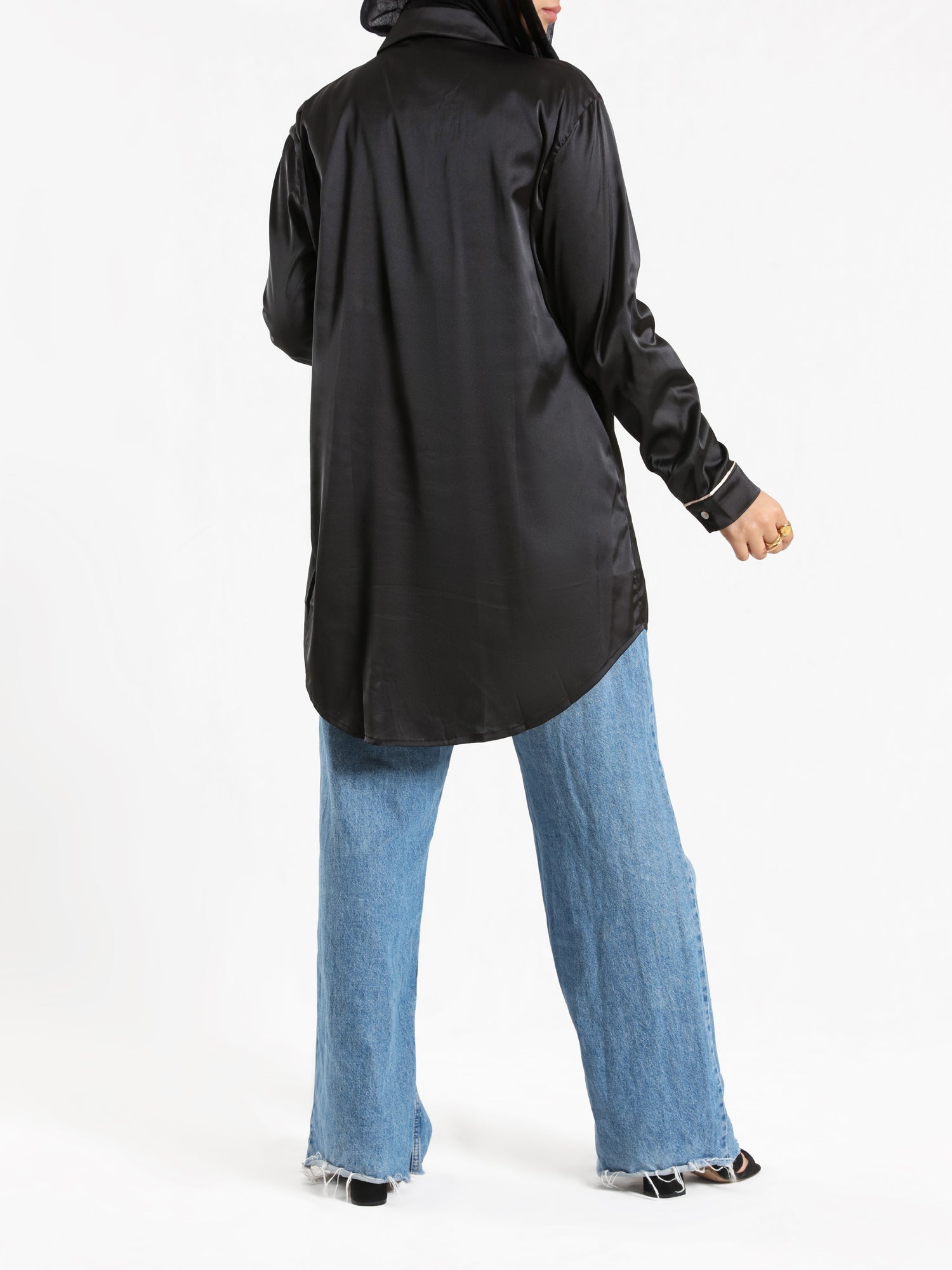 Satin Button Down Shirt in black or beige, a chic and versatile modest blouse for elegant everyday wear