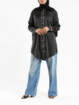 Satin Button Down Shirt in black or beige, a chic and versatile modest blouse for elegant everyday wear