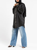 Satin Button Down Shirt in black or beige, a chic and versatile modest blouse for elegant everyday wear