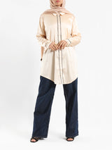Satin Button Down Shirt in black or beige, a chic and versatile modest blouse for elegant everyday wear