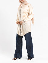 Satin Button Down Shirt in black or beige, a chic and versatile modest blouse for elegant everyday wear